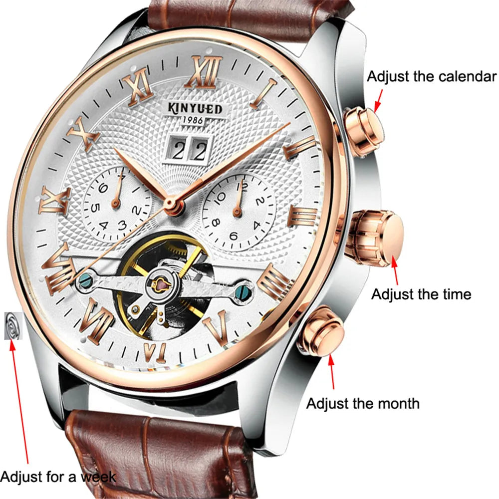 KINYUED J012 Montre De Luxe Homme Fashion Business Men Watch Leather Strap Sport Wristwatch Automatic Mechanical Watch for Male