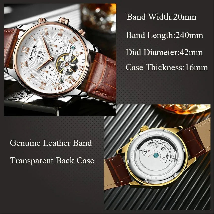 KINYUED J012 Montre De Luxe Homme Fashion Business Men Watch Leather Strap Sport Wristwatch Automatic Mechanical Watch for Male