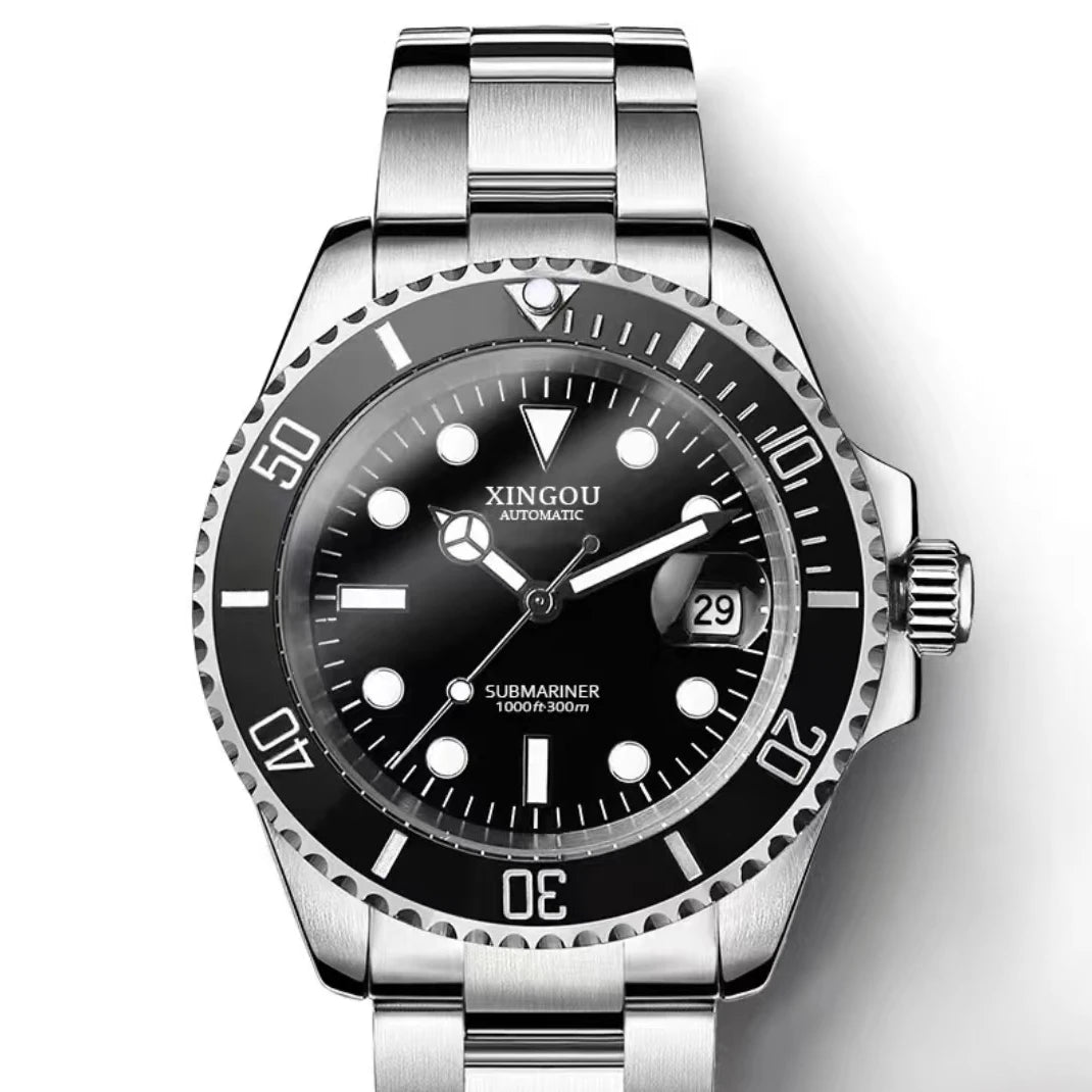 Automatic Mechanical Stainless Steel Strap Gold Silver Gradient Black Dial Date Business Men Watch