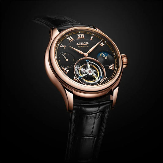 Aesop Gold Tourbillon Automatic Mechanical Wristwatches Men Leather Watch With Roman Number Men Watch Luxury Tourbillon - Wear444