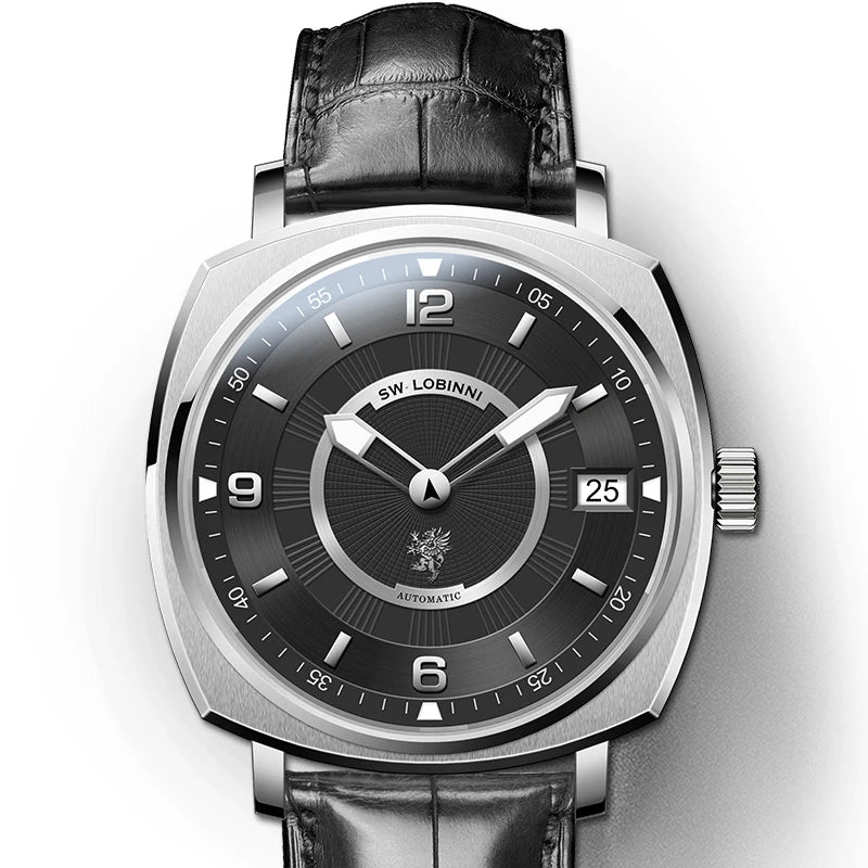 For Lobinni Luxury Stainless Steel Automatic Skeleton Watch for Men 16055 Fashion Men's Watch with Square Case and Leather Band