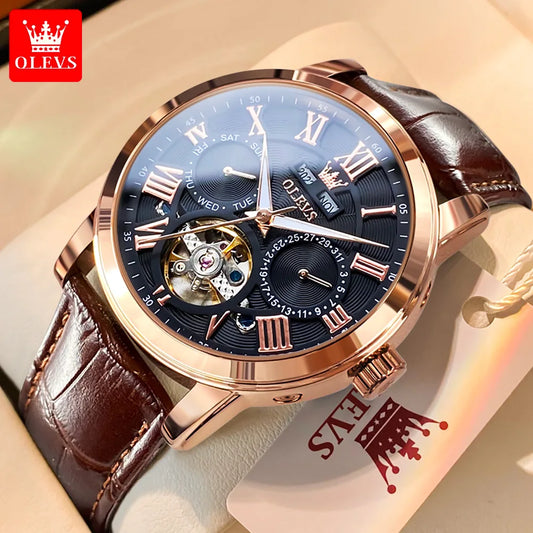 OLEVS 6668 Men Watch Leather Strap Luxury Quality Wristwatches Luminous Tourbillon Mechanical Man Calendar Wristwatch