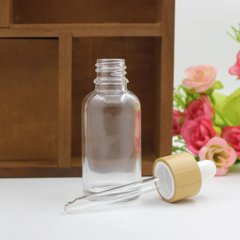 Essential Oil Dropper Bottles for Cosmetic Skin Care 5ML-100ML Glass Pipette Container Packaging with Bamboo Lid Dropper Bottle
