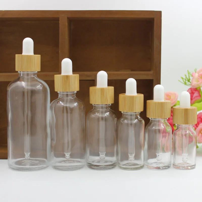 Essential Oil Dropper Bottles for Cosmetic Skin Care 5ML-100ML Glass Pipette Container Packaging with Bamboo Lid Dropper Bottle