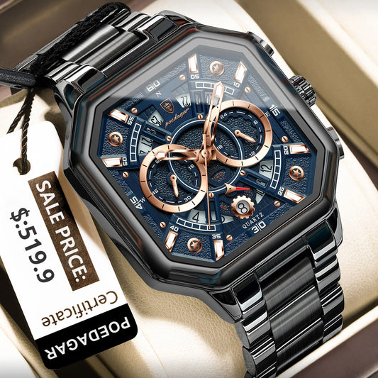 POEDAGAR 983 Sports Quartz Reloj Hombre Men's Stainless Men Watch Luxury Chronograph Square Waterproof Luminous Hands Watches