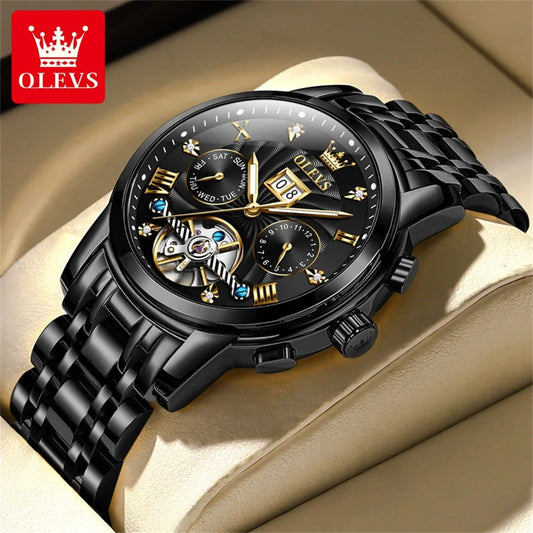 Olevs 9910 Sports Automatic Tourbillon Slef Wind Luxury Waterproof Metal Classic Cool Stainless Steel Luminous Date Men Watch