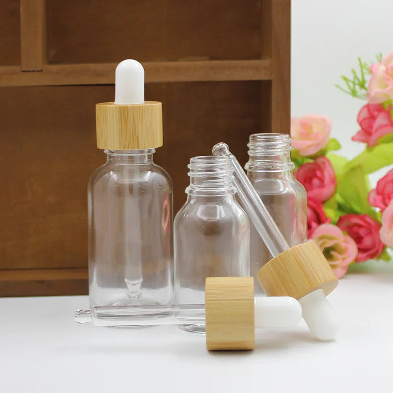 Essential Oil Dropper Bottles for Cosmetic Skin Care 5ML-100ML Glass Pipette Container Packaging with Bamboo Lid Dropper Bottle