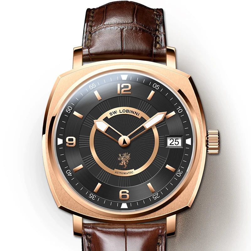 For Lobinni Luxury Stainless Steel Automatic Skeleton Watch for Men 16055 Fashion Men's Watch with Square Case and Leather Band