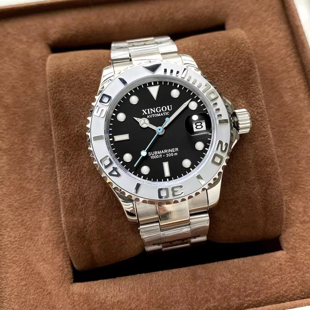 Automatic Mechanical Stainless Steel Strap Gold Silver Gradient Black Dial Date Business Men Watch