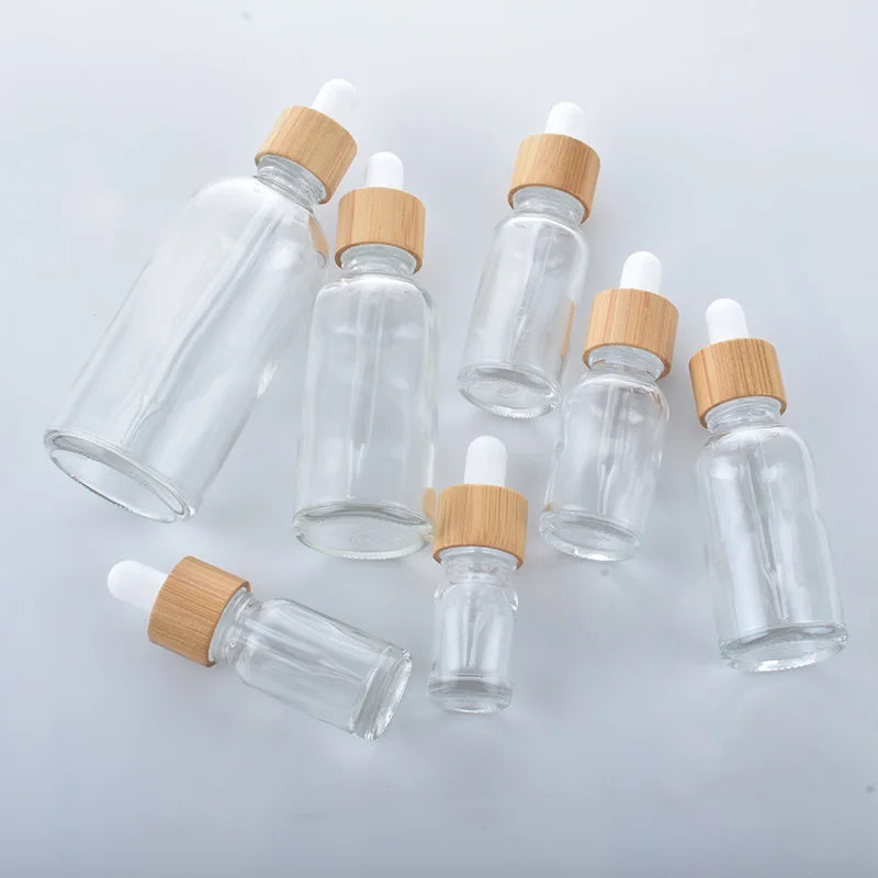 Essential Oil Dropper Bottles for Cosmetic Skin Care 5ML-100ML Glass Pipette Container Packaging with Bamboo Lid Dropper Bottle
