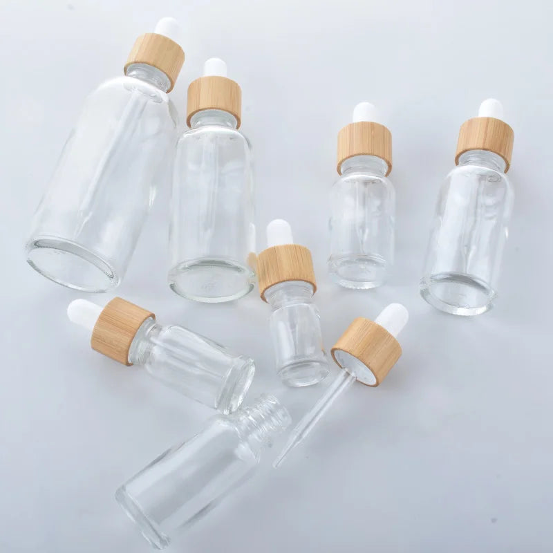 Essential Oil Dropper Bottles for Cosmetic Skin Care 5ML-100ML Glass Pipette Container Packaging with Bamboo Lid Dropper Bottle