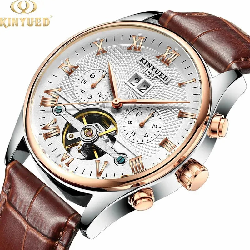 KINYUED J012 Montre De Luxe Homme Fashion Business Men Watch Leather Strap Sport Wristwatch Automatic Mechanical Watch for Male