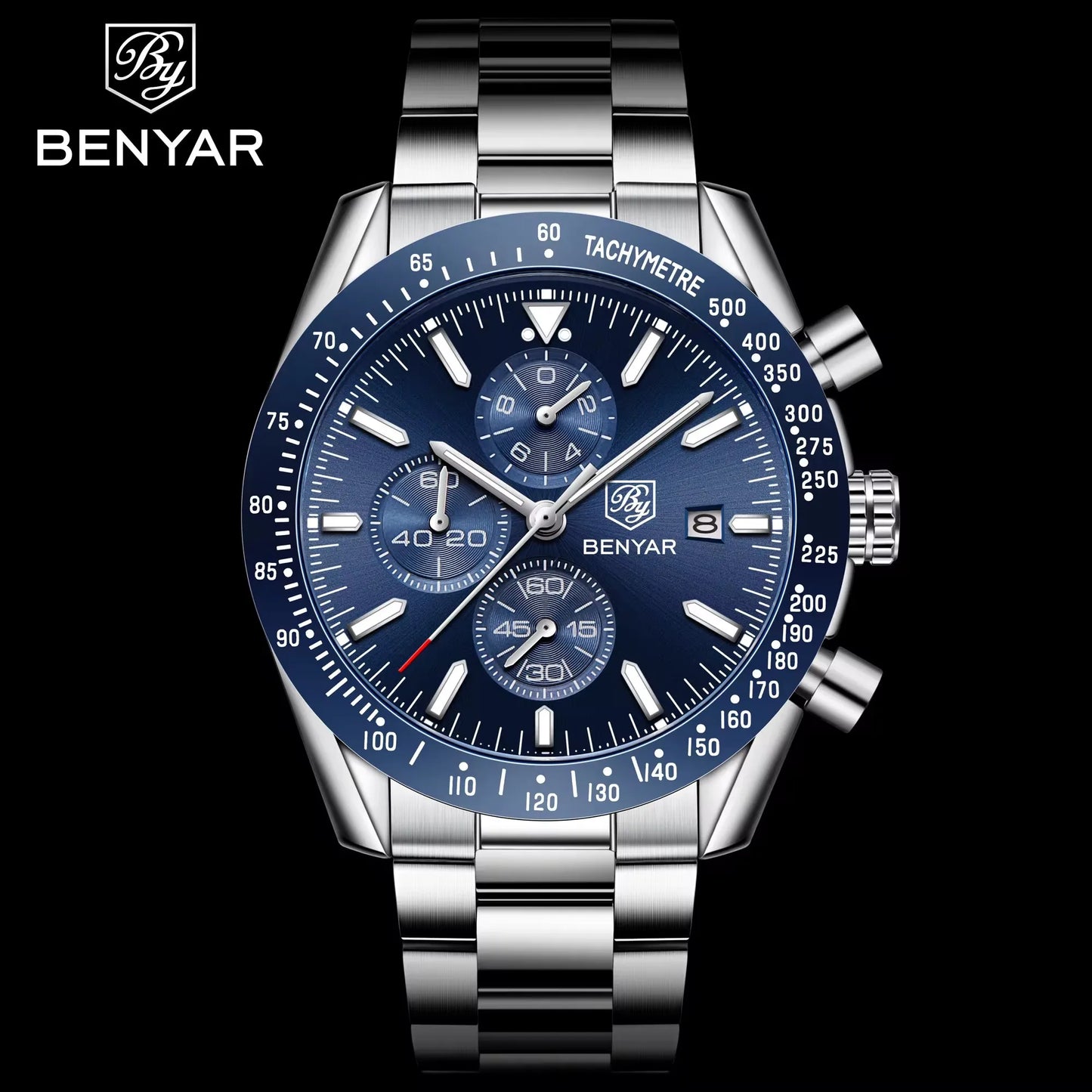 BENYAR Men Watch Top Brand Stainless Steel Band Luxury Business Sport Chronograph Quartz Wristwatch Men Clock