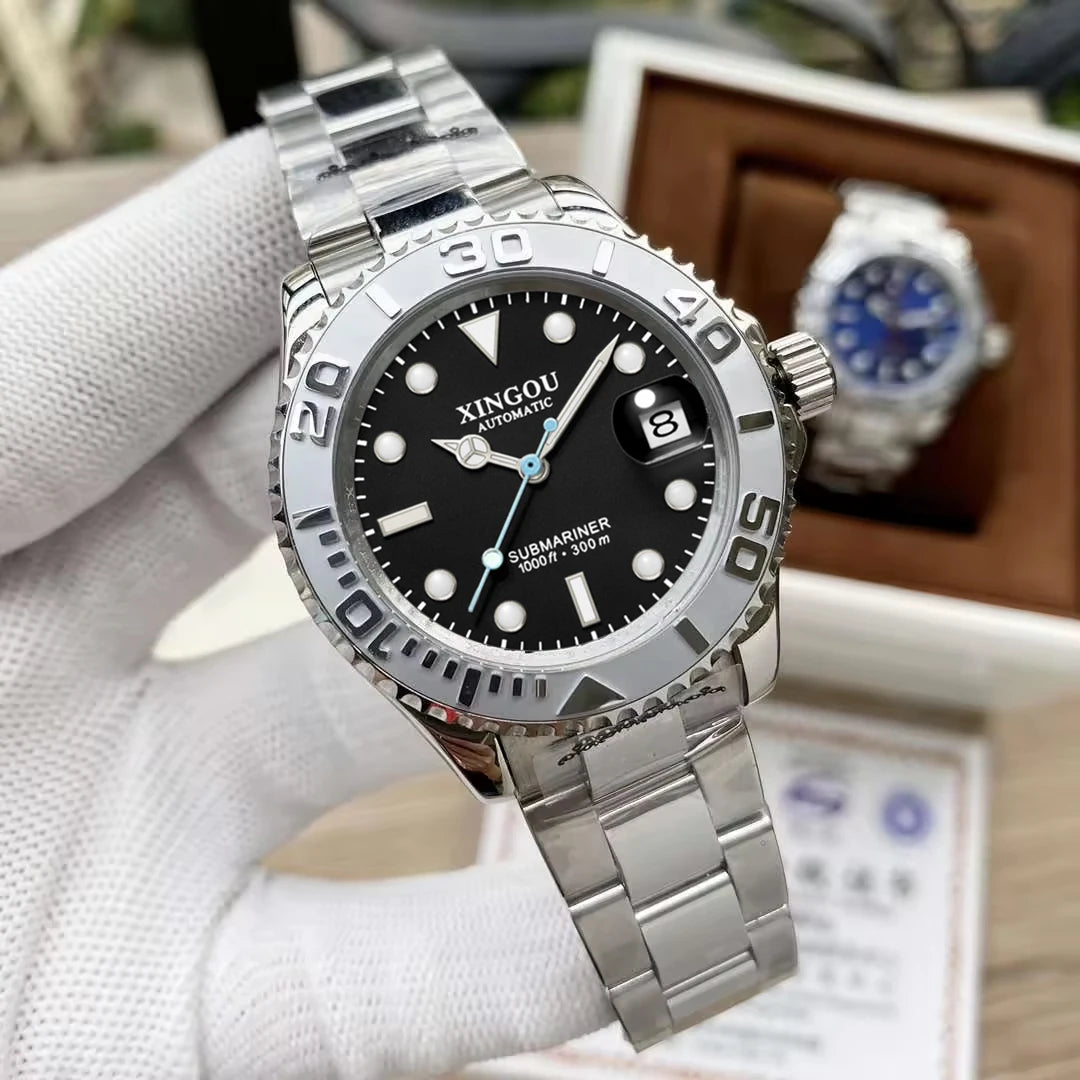 Automatic Mechanical Stainless Steel Strap Gold Silver Gradient Black Dial Date Business Men Watch