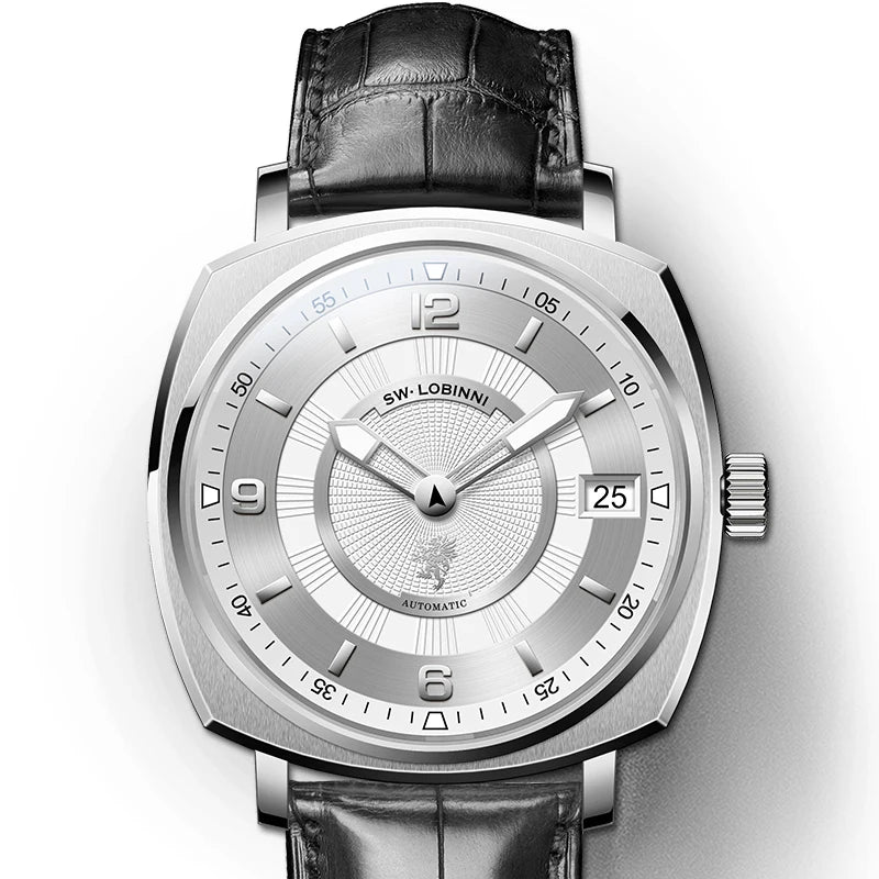 For Lobinni Luxury Stainless Steel Automatic Skeleton Watch for Men 16055 Fashion Men's Watch with Square Case and Leather Band