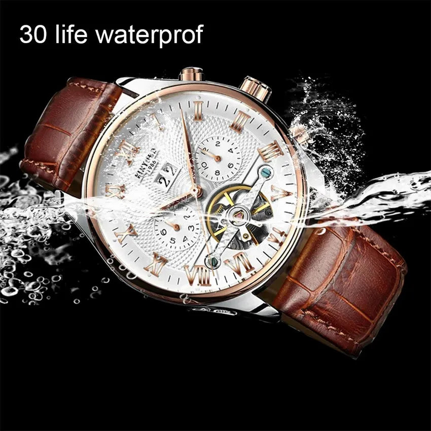 KINYUED J012 Montre De Luxe Homme Fashion Business Men Watch Leather Strap Sport Wristwatch Automatic Mechanical Watch for Male
