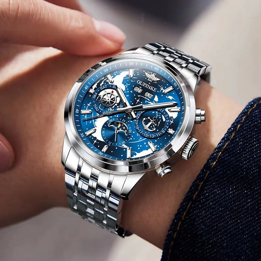 OUPINKE 3256 Fashion Men Watch Nebula Surge Dial Men Waterproof Night Light Calendar Week Original Automatic Mechanical Watch