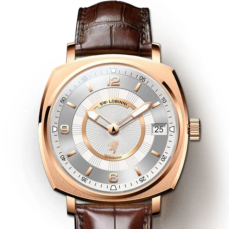 For Lobinni Luxury Stainless Steel Automatic Skeleton Watch for Men 16055 Fashion Men's Watch with Square Case and Leather Band