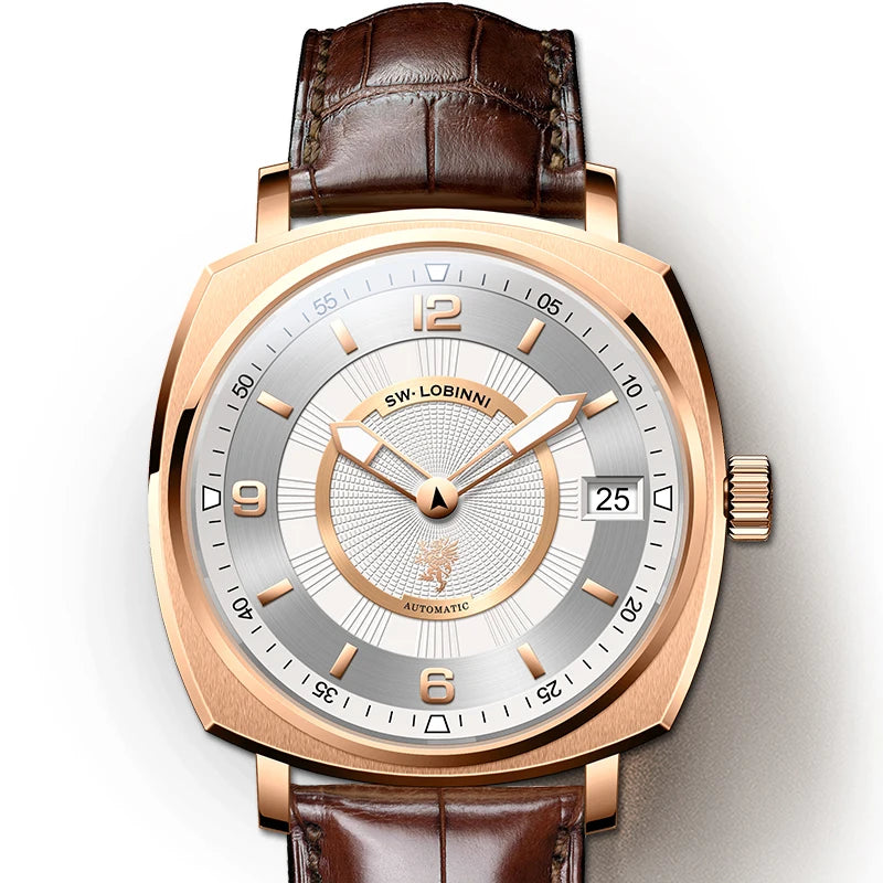 For Lobinni Luxury Stainless Steel Automatic Skeleton Watch for Men 16055 Fashion Men's Watch with Square Case and Leather Band