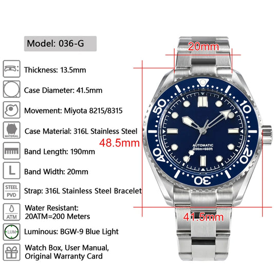Men Watch 41.5mm Diver Enamel Dial Top Brand Vintage Classic Luxury Miyota Automatic Mechanical 20 ATM BGW9 Luminous Dive Watch