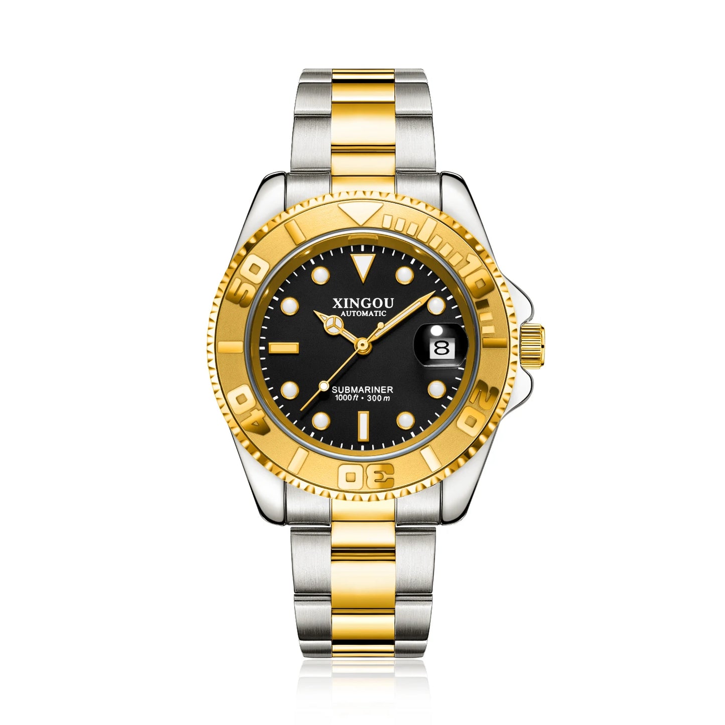 Automatic Mechanical Stainless Steel Strap Gold Silver Gradient Black Dial Date Business Men Watch