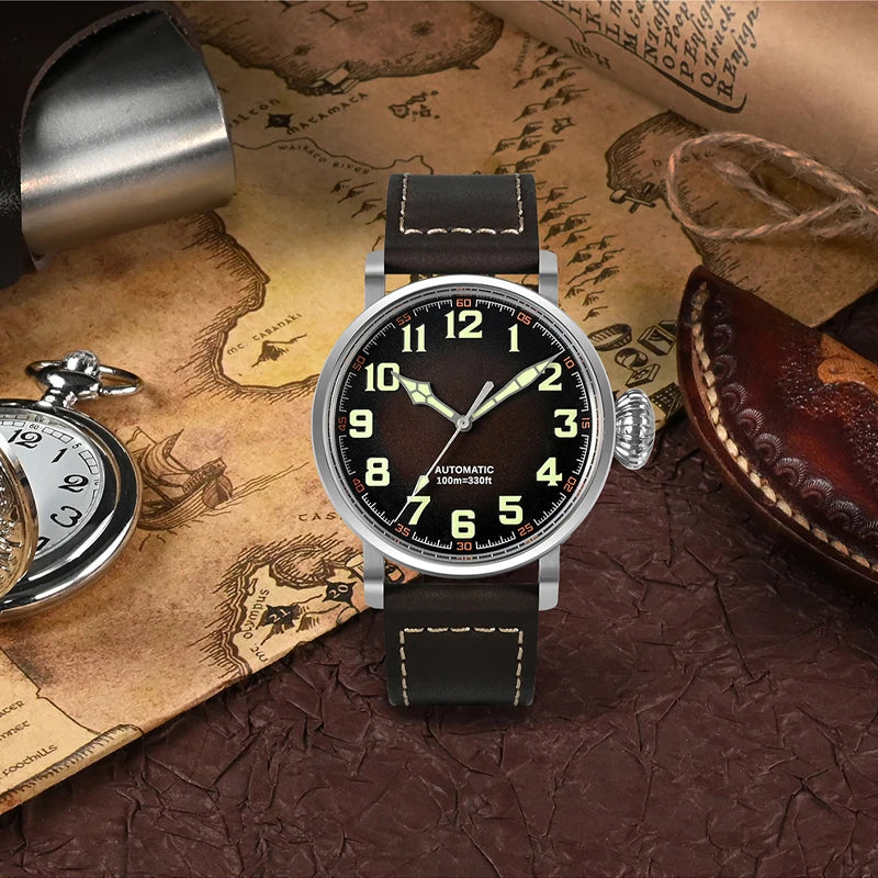 Vintage 44.5mm Manual Mechanical Men's Watch with Simple Style Sapphire Glass 10Bar Water Resistant Dial Diameter 30mm