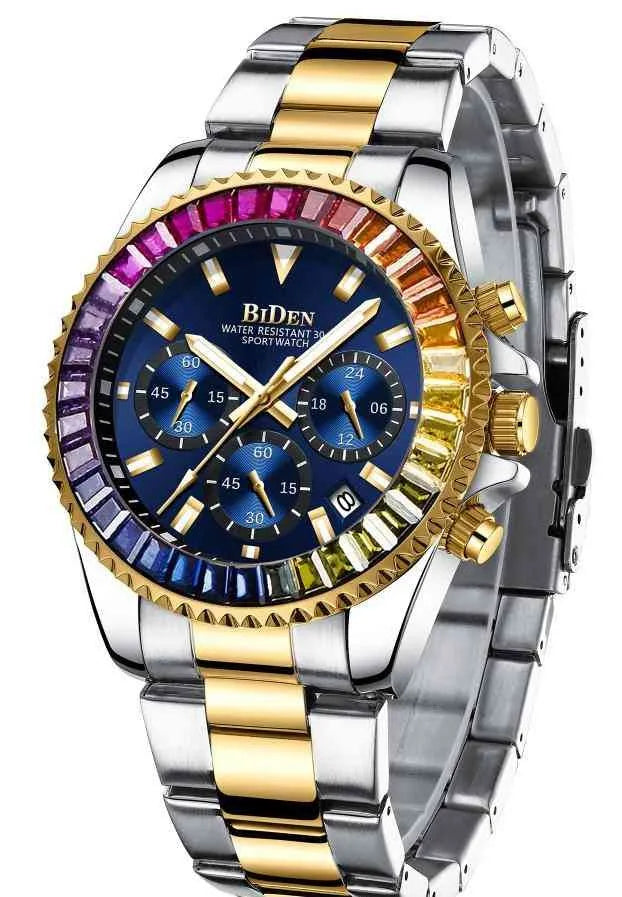 BIDEN 0163 New Men's Fashion Quartz Watches Sport Waterproof Luminous Multifunction Luxury Men Watch Stainless Steel Clock Gold