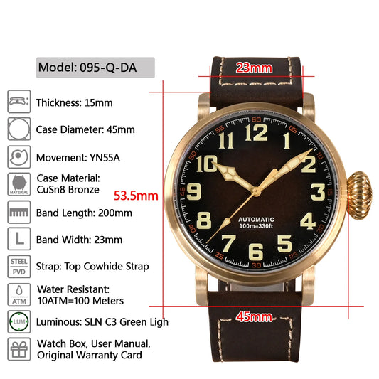 45mm CuSn8 Bronze Men Watch YN55A Automatic Mechanical Vintage Simple Style Sapphire Waterproof 10Bar