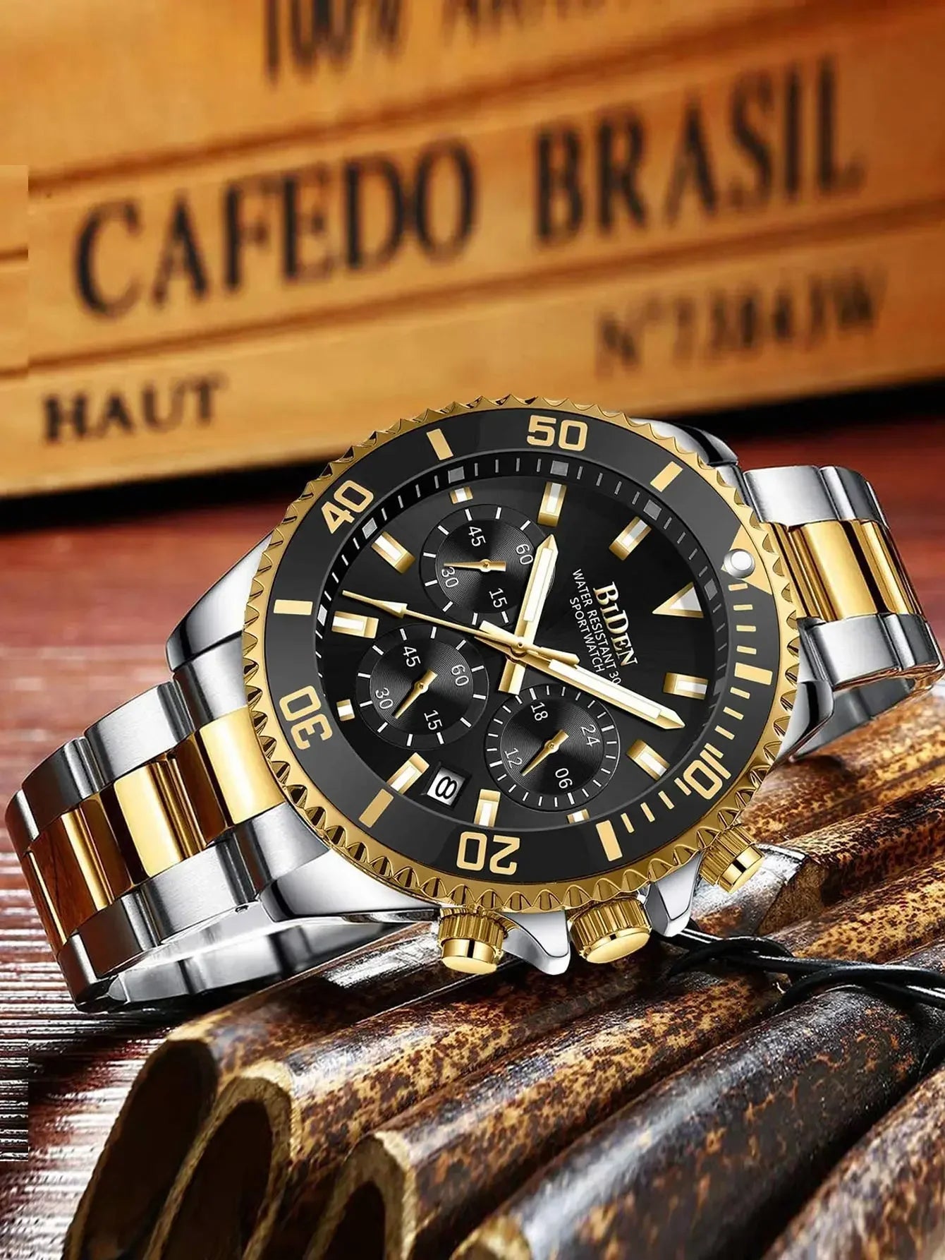 BIDEN Mens Chronograph Stainless Steel Strap Waterproof Date Quartz Watch, Business Casual Wrist Watches