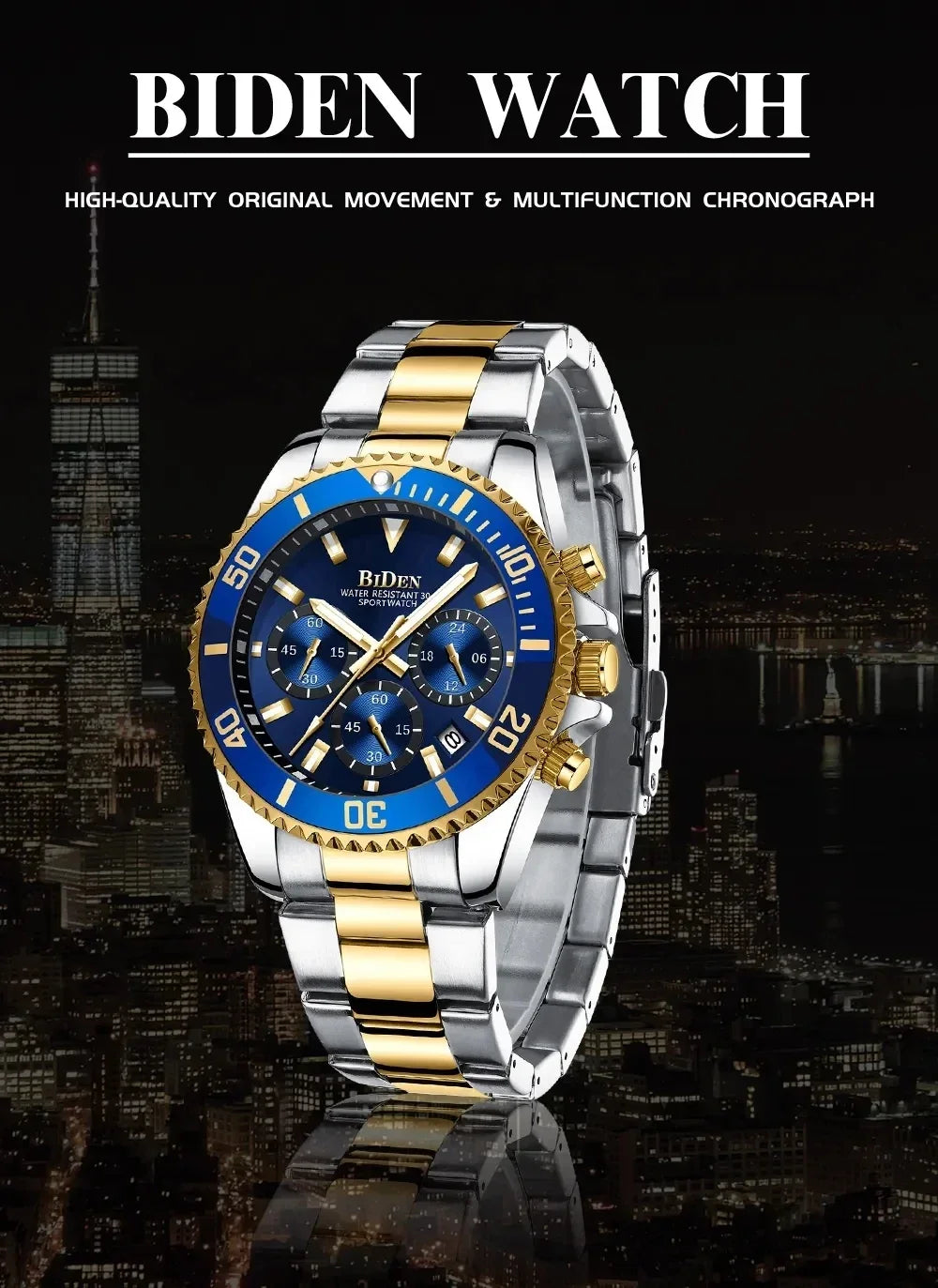 BIDEN Mens Chronograph Stainless Steel Strap Waterproof Date Quartz Watch, Business Casual Wrist Watches