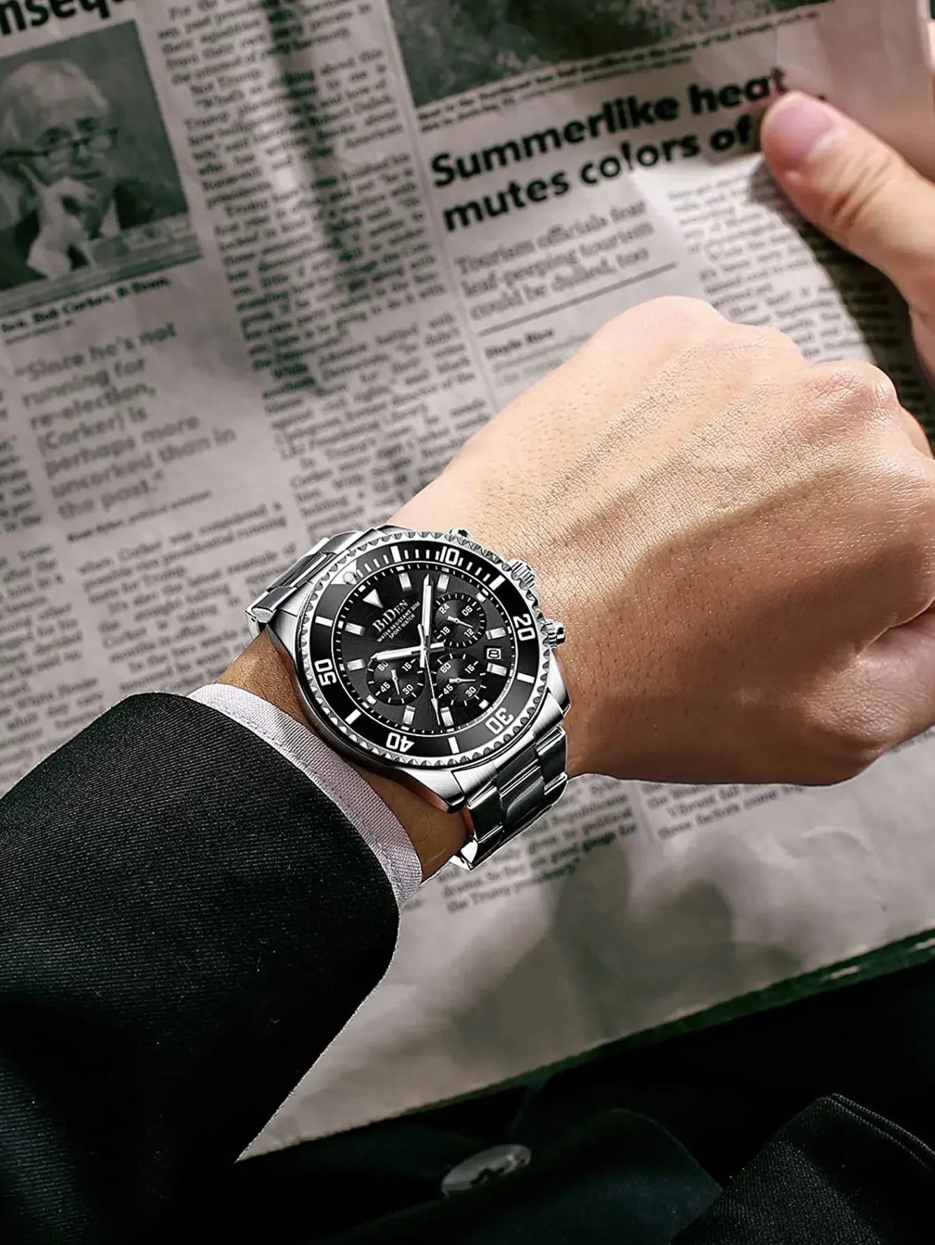BIDEN Mens Chronograph Stainless Steel Strap Waterproof Date Quartz Watch, Business Casual Wrist Watches