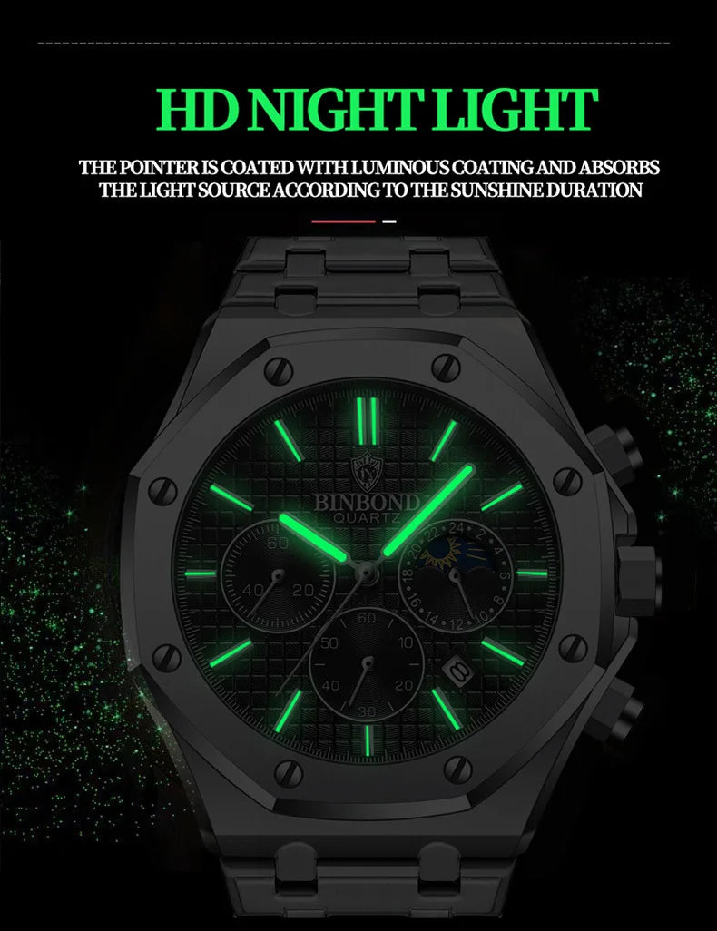BINBOND Fashion Business Top Luxury Brand Quartz Watch Men Watches Stainless Steel Waterproof Man Wristwatch Relogio Masculino