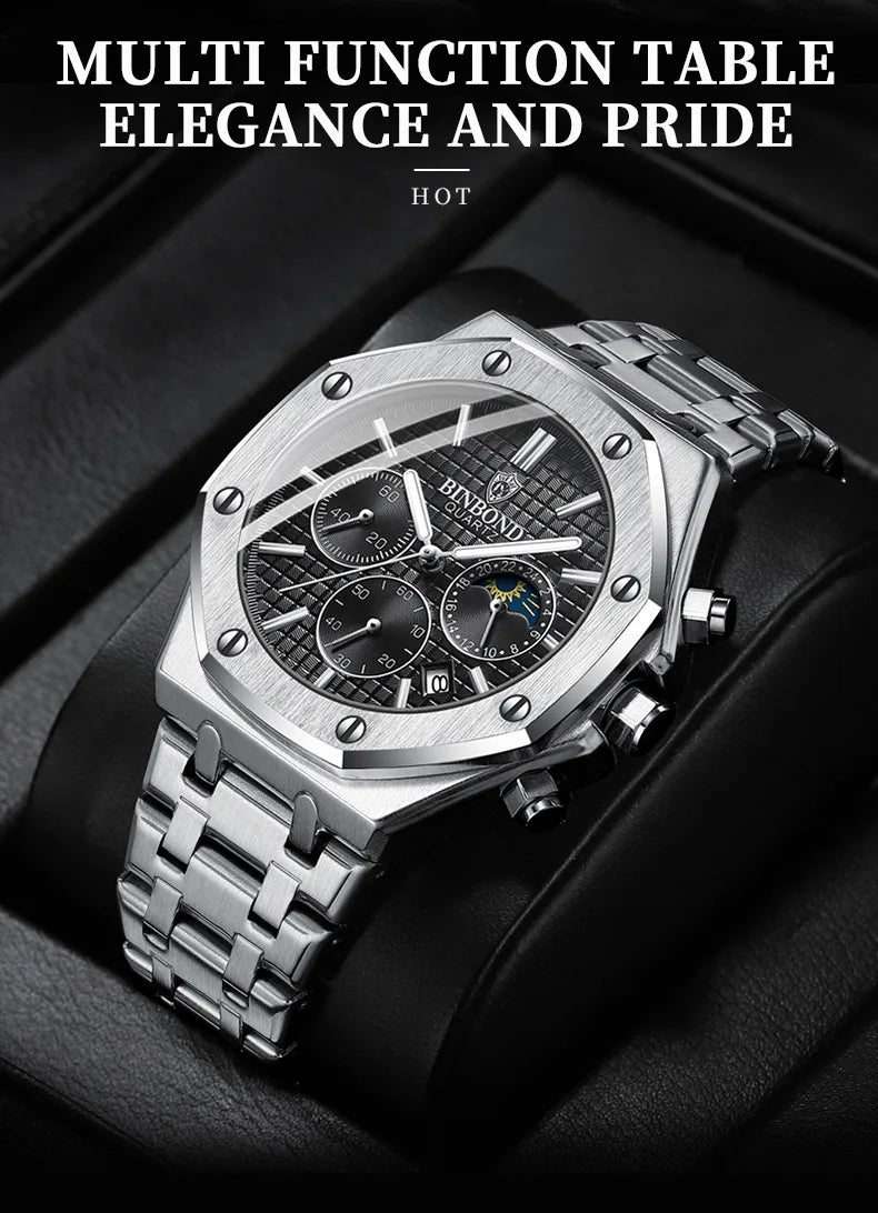 BINBOND Fashion Business Top Luxury Brand Quartz Watch Men Watches Stainless Steel Waterproof Man Wristwatch Relogio Masculino