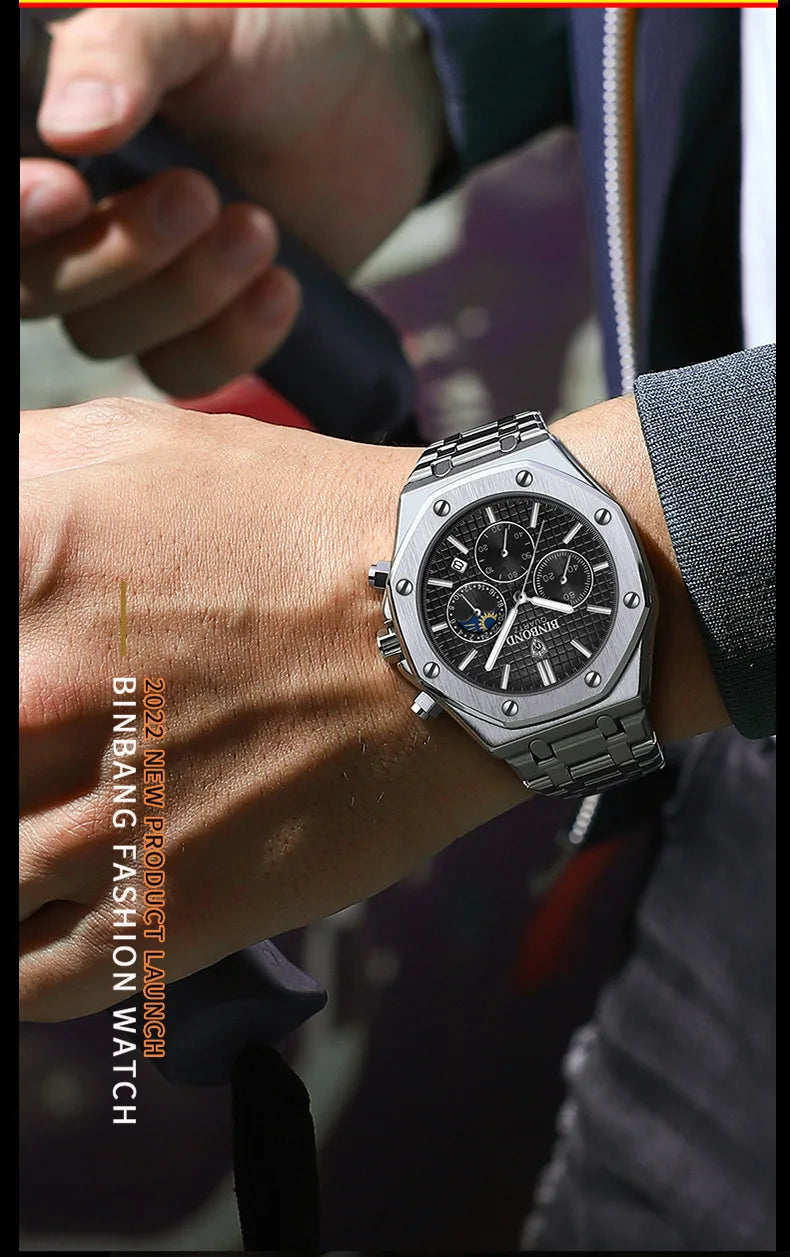BINBOND Fashion Business Top Luxury Brand Quartz Watch Men Watches Stainless Steel Waterproof Man Wristwatch Relogio Masculino
