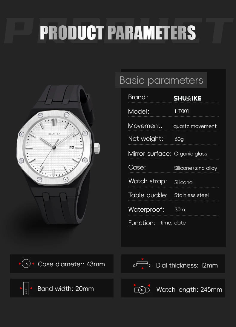 Fashion Men's Quartz Sports Watch Alloy Graduated Dial Silicone Strap Waterproof Quartz Watch with Date Unisex