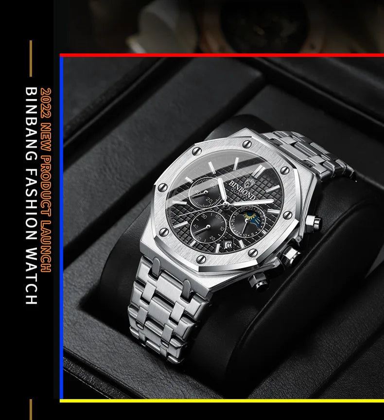 BINBOND Fashion Business Top Luxury Brand Quartz Watch Men Watches Stainless Steel Waterproof Man Wristwatch Relogio Masculino