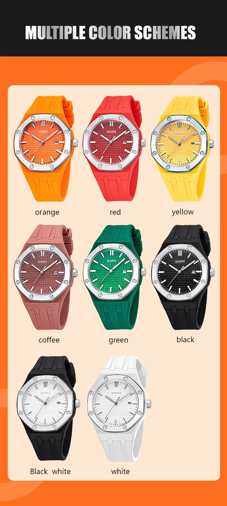 Fashion Men's Quartz Sports Watch Alloy Graduated Dial Silicone Strap Waterproof Quartz Watch with Date Unisex