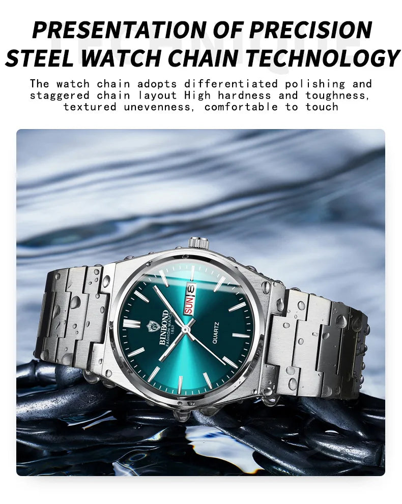 BINBOND Top Brand Luxury Men Quartz Watches Original Watch for Man Waterproof Luminous Date Week Stainless Steel Wristwatch Male