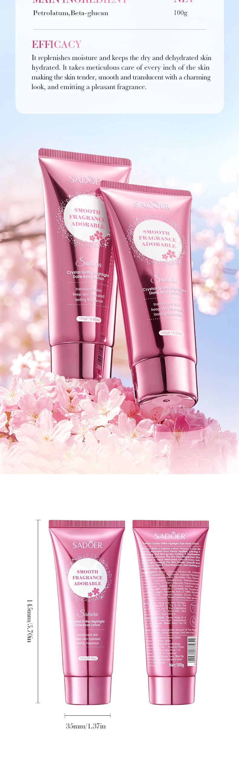 Cherry Blossom Moisture Crystal Glow High Gloss Dating Cherry Blossom Scent Body Lotion Deep Moisturizing Hydrating Body Lotion