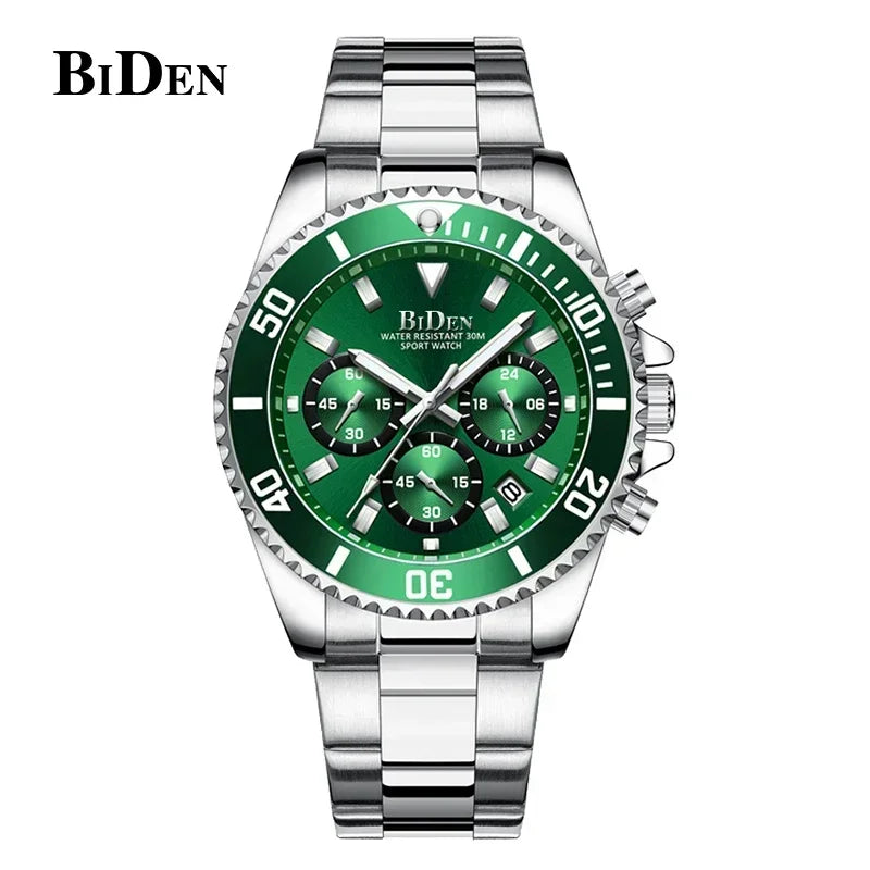 BIDEN Mens Chronograph Stainless Steel Strap Waterproof Date Quartz Watch, Business Casual Wrist Watches