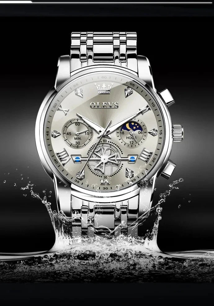 OLEVS Flywheel Moon Phase Chronograph Watch — 24HR Waterproof