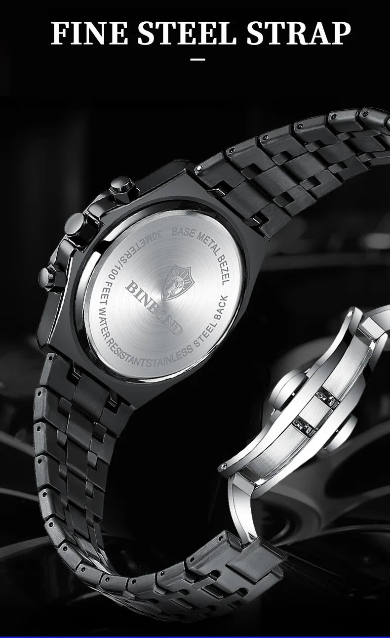 BINBOND Fashion Business Top Luxury Brand Quartz Watch Men Watches Stainless Steel Waterproof Man Wristwatch Relogio Masculino