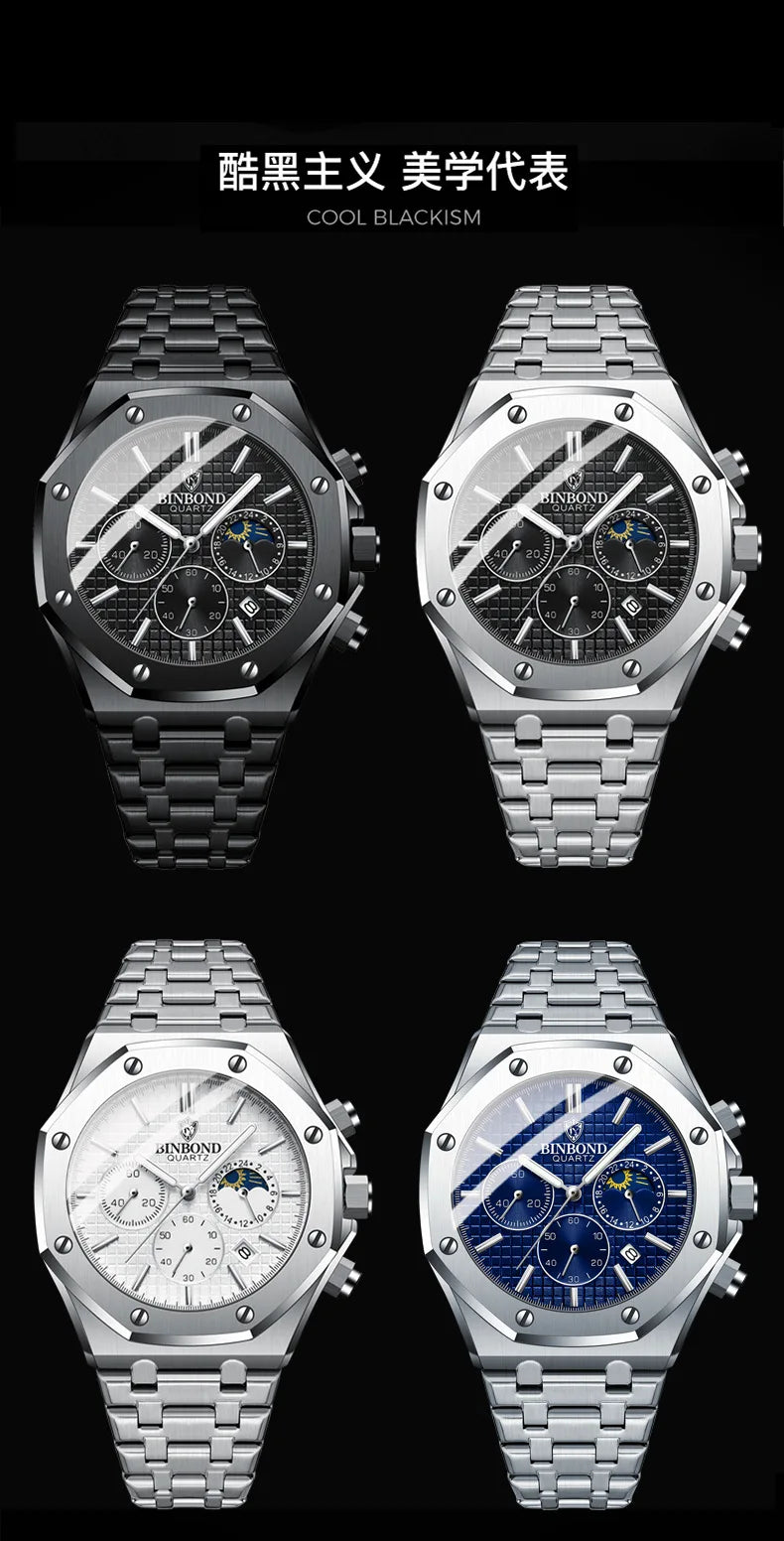 BINBOND Fashion Business Top Luxury Brand Quartz Watch Men Watches Stainless Steel Waterproof Man Wristwatch Relogio Masculino