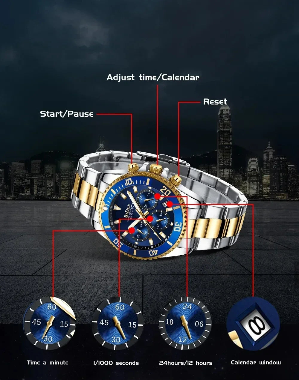 BIDEN Mens Chronograph Stainless Steel Strap Waterproof Date Quartz Watch, Business Casual Wrist Watches