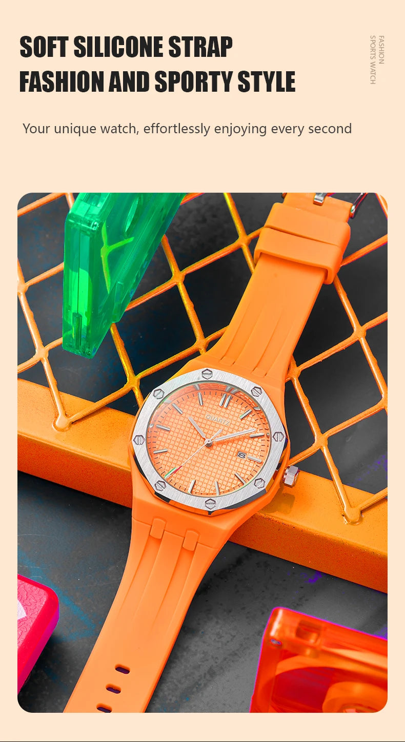 Fashion Men's Quartz Sports Watch Alloy Graduated Dial Silicone Strap Waterproof Quartz Watch with Date Unisex