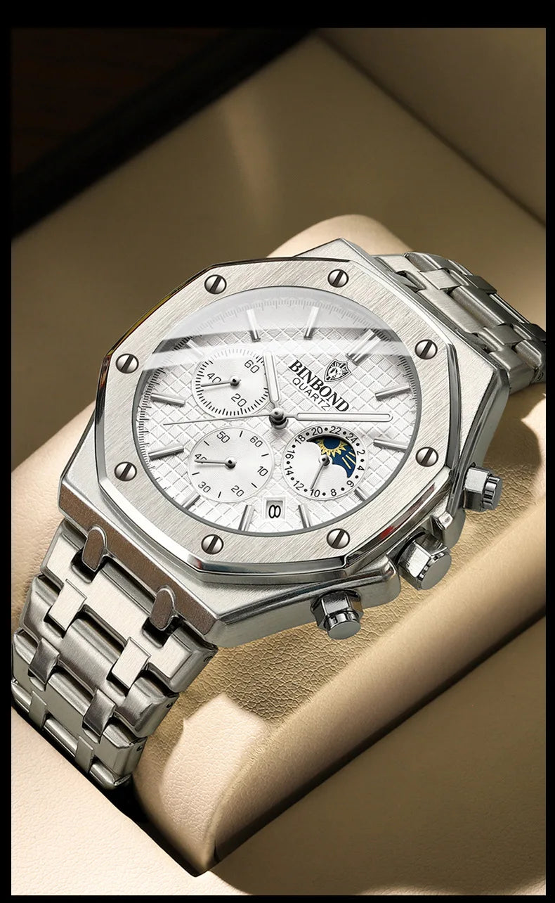 BINBOND Fashion Business Top Luxury Brand Quartz Watch Men Watches Stainless Steel Waterproof Man Wristwatch Relogio Masculino