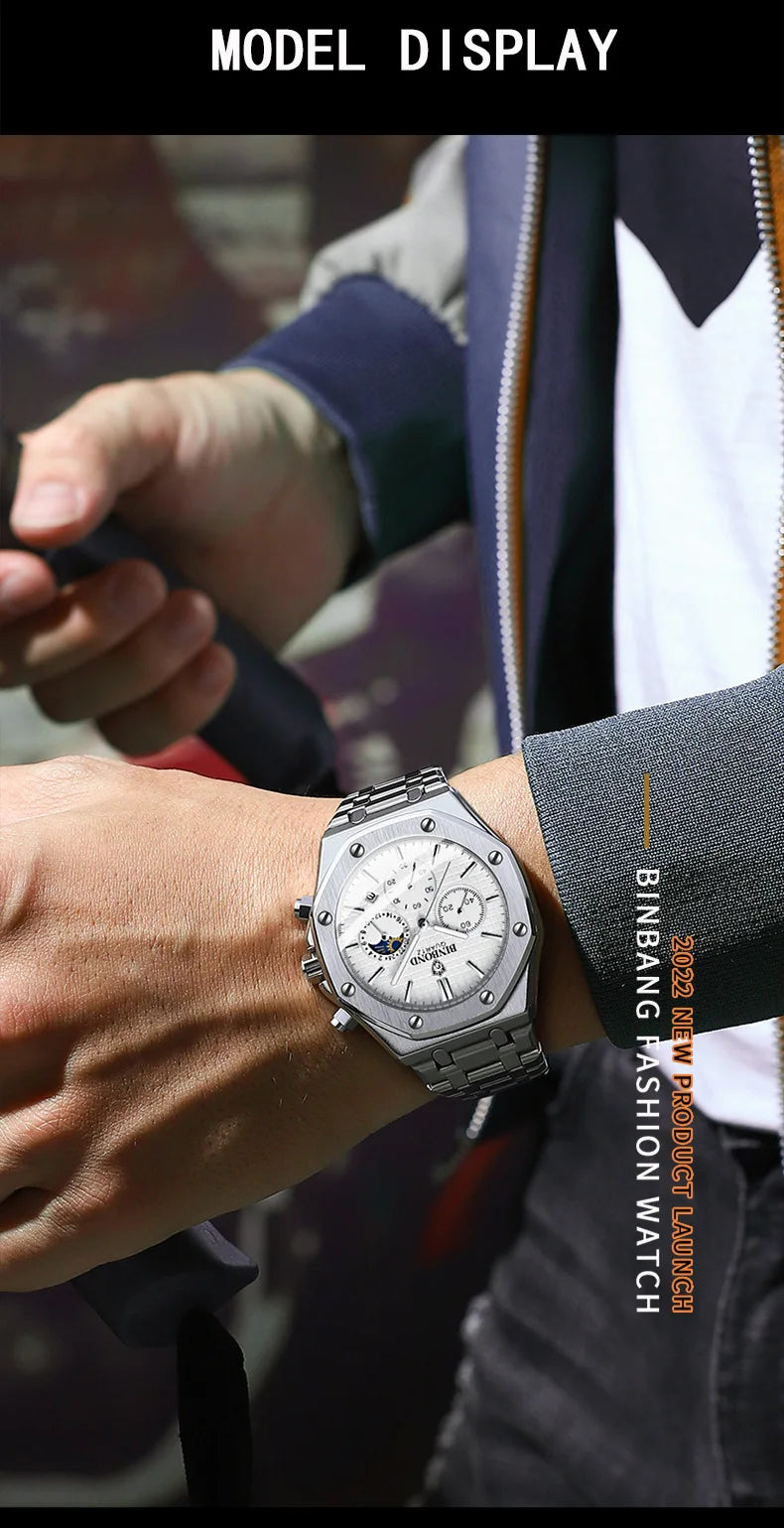 BINBOND Fashion Business Top Luxury Brand Quartz Watch Men Watches Stainless Steel Waterproof Man Wristwatch Relogio Masculino