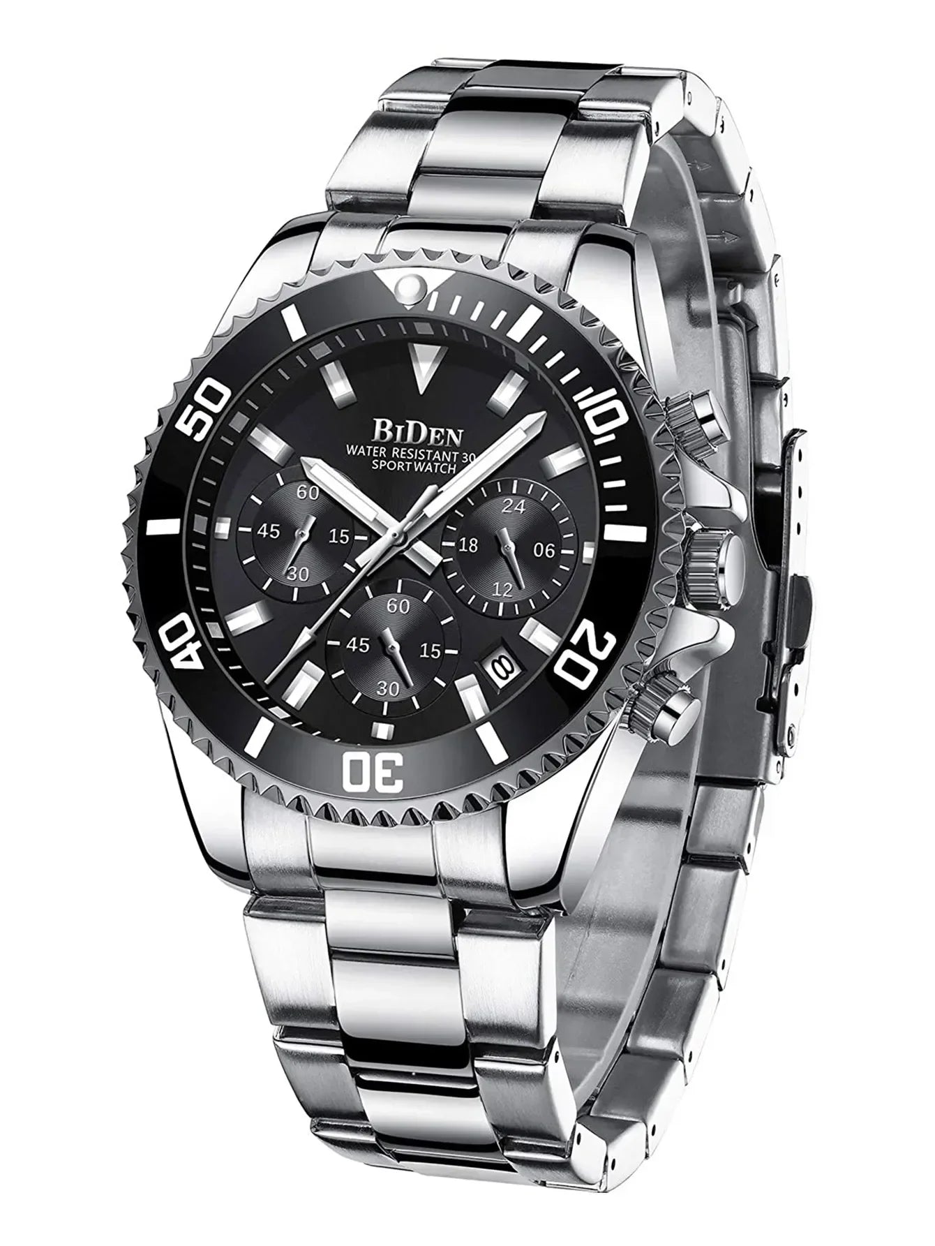BIDEN Mens Chronograph Stainless Steel Strap Waterproof Date Quartz Watch, Business Casual Wrist Watches