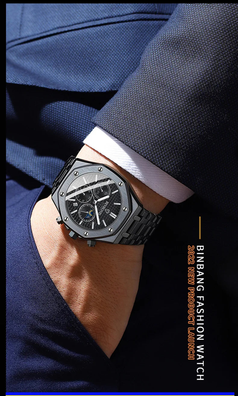BINBOND Fashion Business Top Luxury Brand Quartz Watch Men Watches Stainless Steel Waterproof Man Wristwatch Relogio Masculino