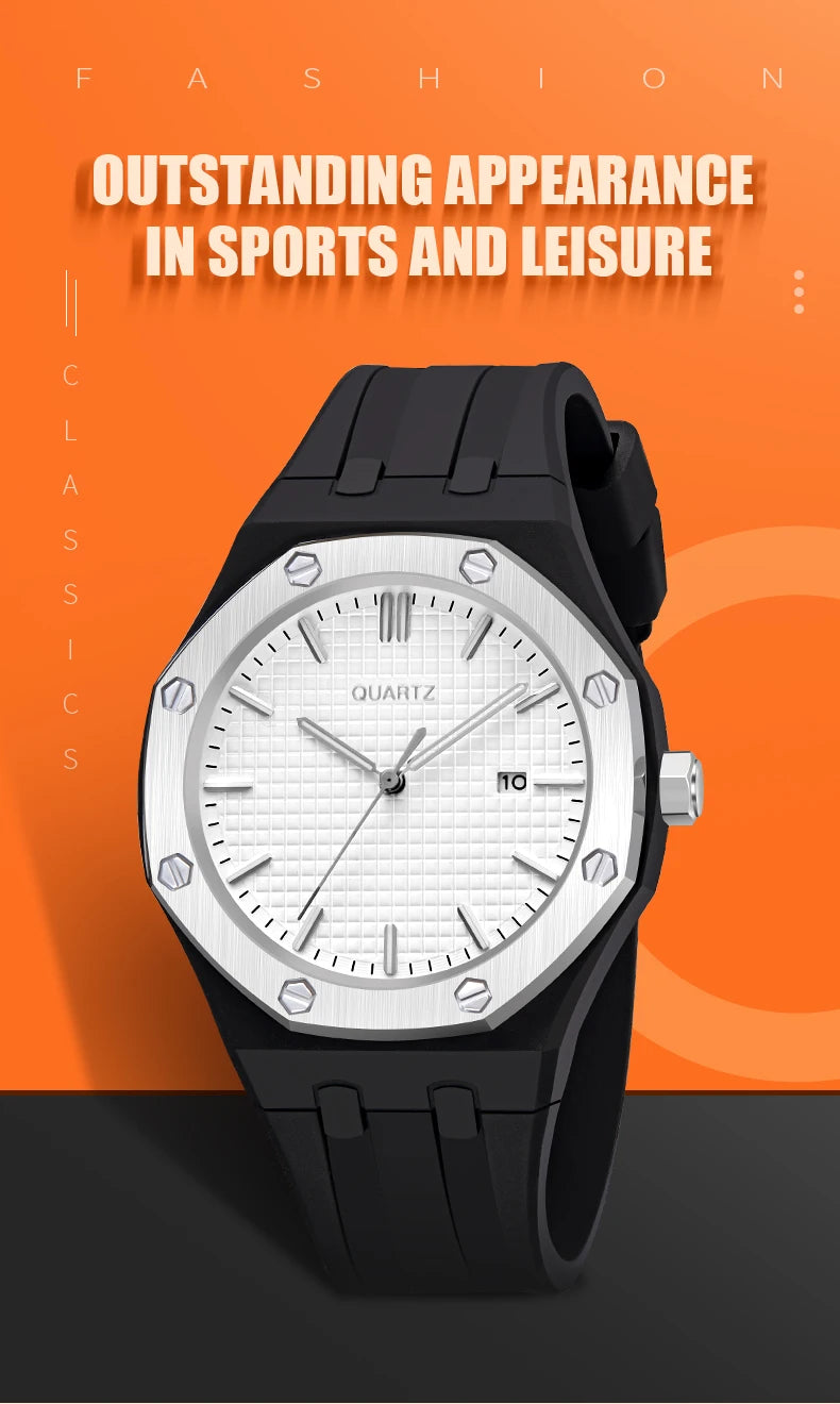 Fashion Men's Quartz Sports Watch Alloy Graduated Dial Silicone Strap Waterproof Quartz Watch with Date Unisex